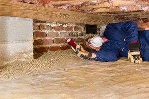 Termite inspector in residential crawl space inspects a sill for termites.